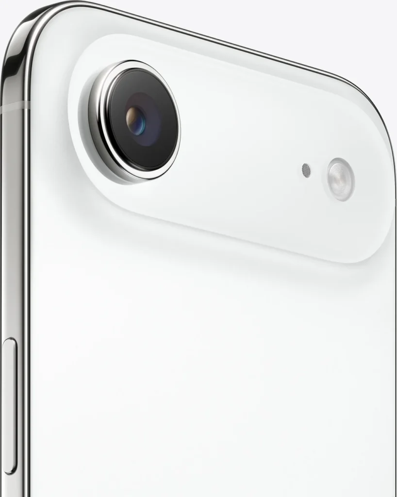 Apple iPhone Air, in Cloud White, close-up of the rear camera plateau