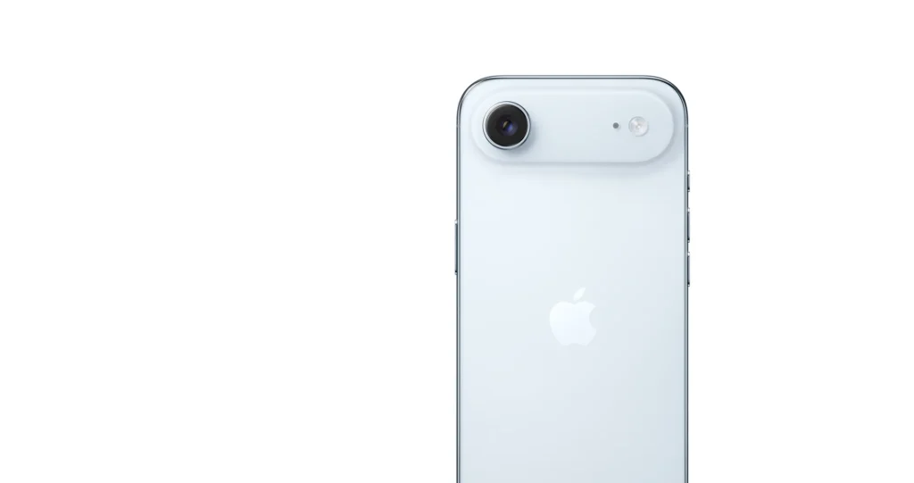 Apple iPhone Air, in Sky Blue, showing the upper back and camera plateau