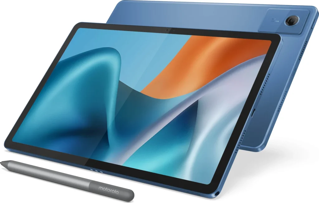 Motorola Moto Pad 60 Neo, in Pantone Malibu Blue, front and back together at an angle, with the Moto Pen