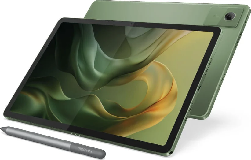 Motorola Moto Pad 60 Neo, in Pantone Bronze Green, front and back together at an angle, with the Moto Pen