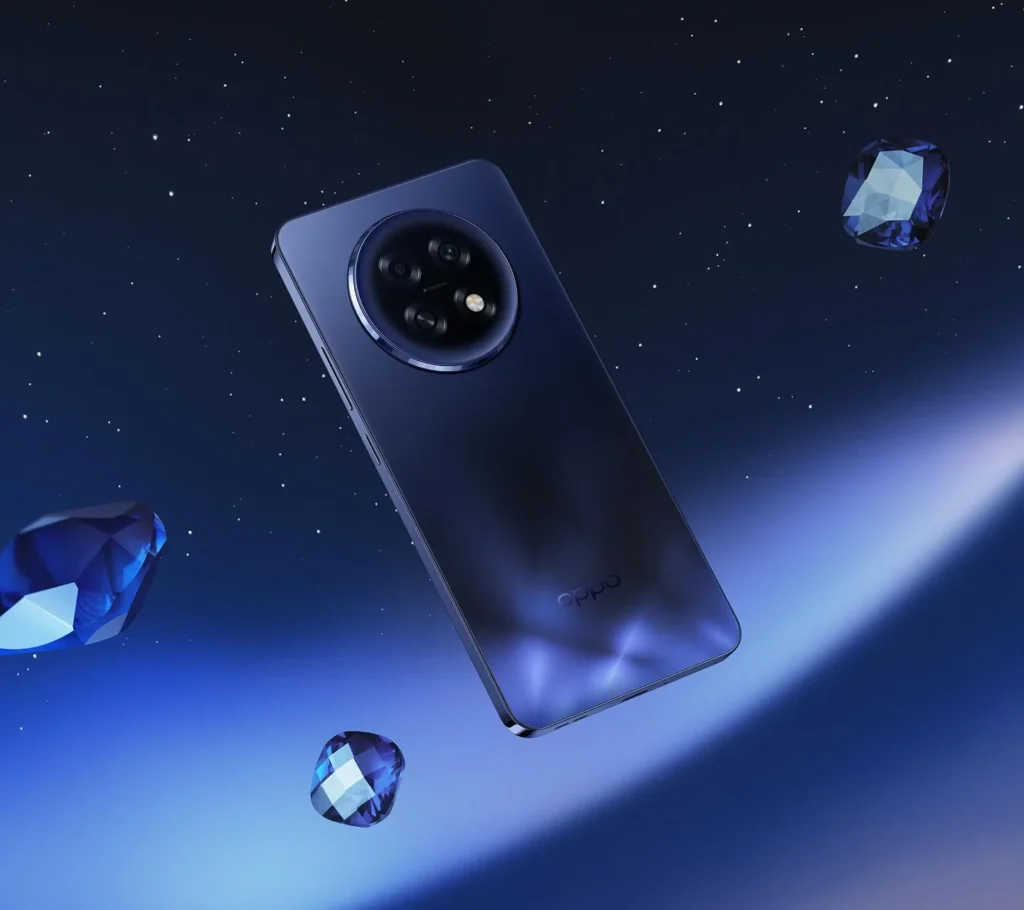OPPO F31 Pro+ 5G, in Gemstone Blue, on a starry background