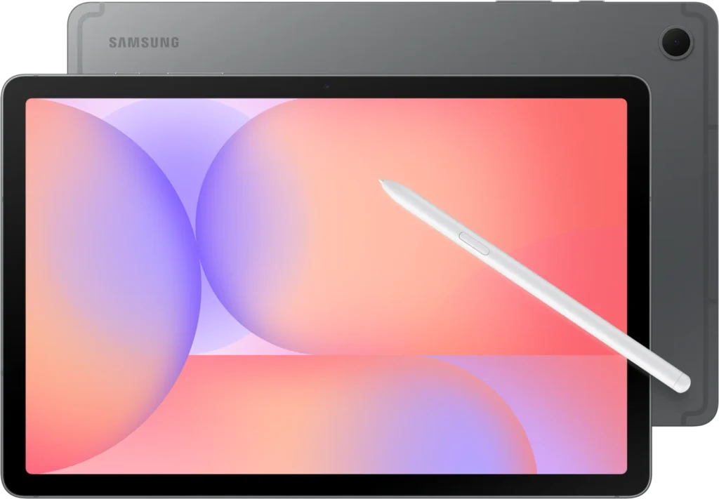 Samsung Galaxy Tab S10 Lite, in Gray, front and back with the S Pen