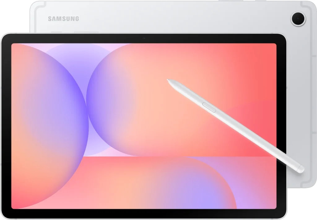 Samsung Galaxy Tab S10 Lite, in Silver, front and back with the S Pen