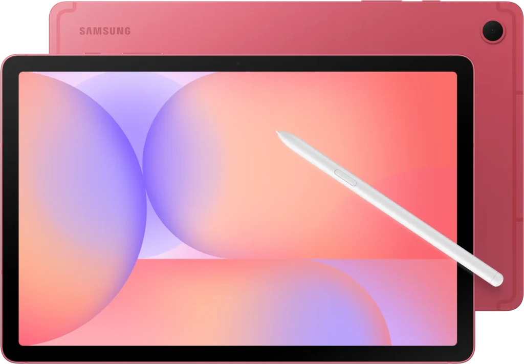 Samsung Galaxy Tab S10 Lite, in Coralred, front and back with the S Pen