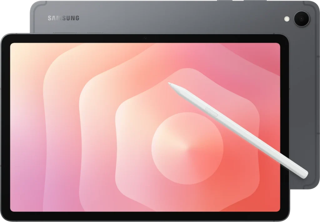 Samsung Galaxy Tab S11, in Gray, front and back with the S Pen