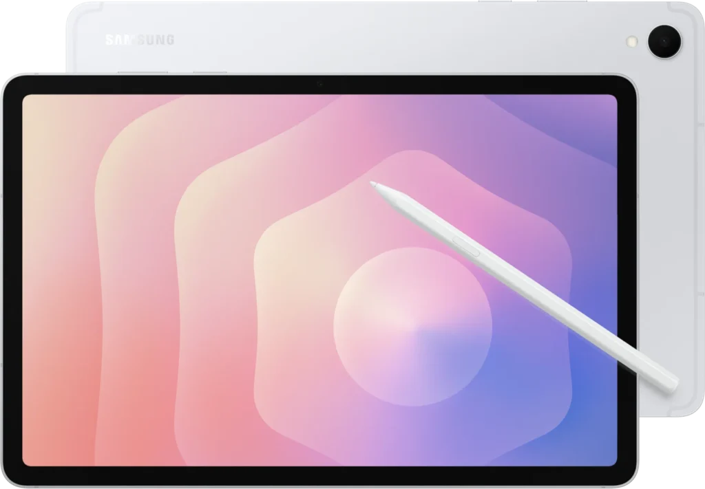 Samsung Galaxy Tab S11, in Silver, front and back with the S Pen