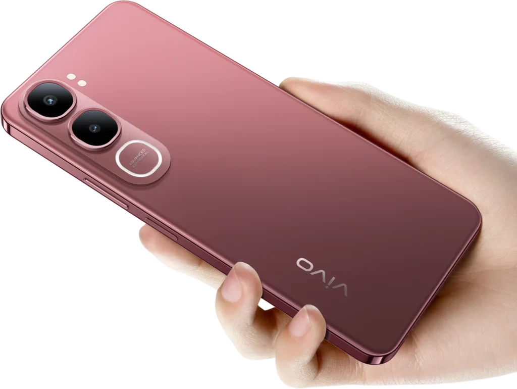 Vivo Y31 5G, in Rose Red, held in one hand