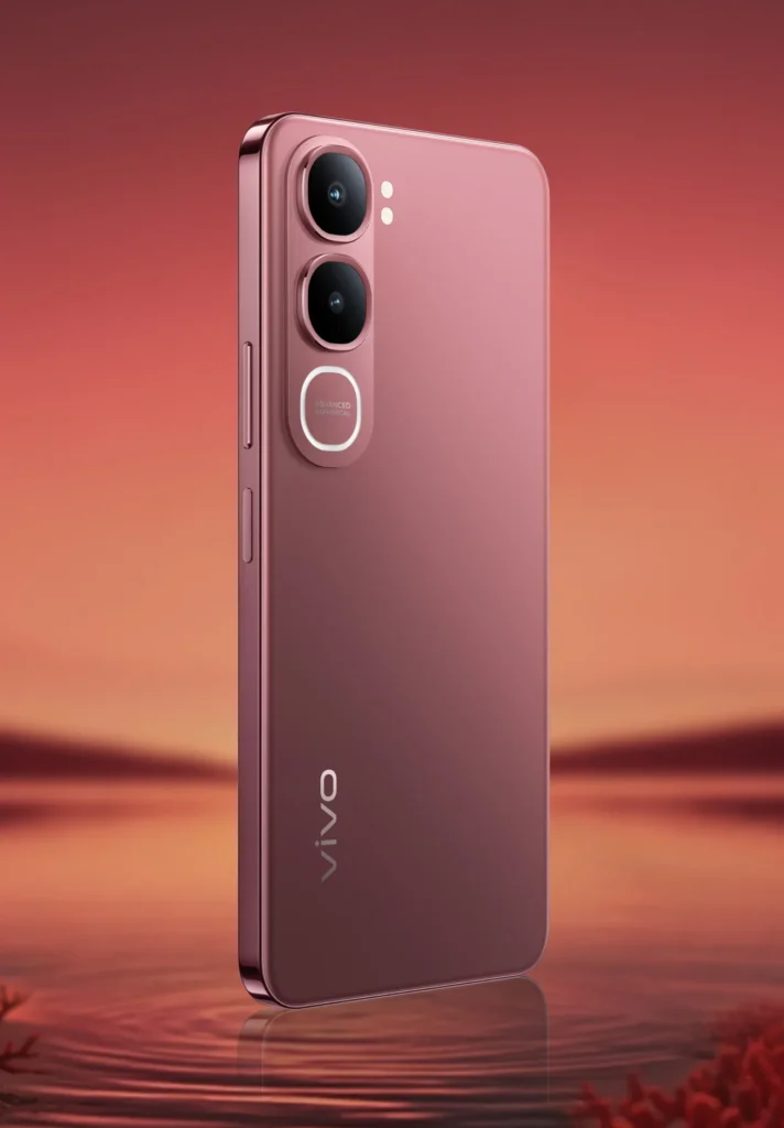 Vivo Y31 5G, in Rose Red, standing against a sunset