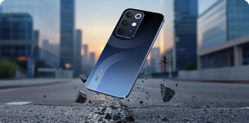 realme 15x 5G, in Marine Blue, dropping onto a street