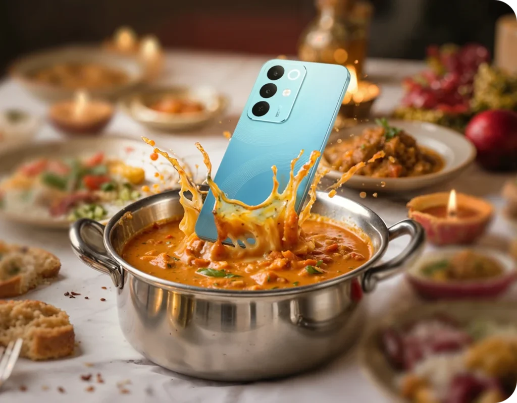 realme 15x 5G, in Aqua Blue, splashing into a pot of curry