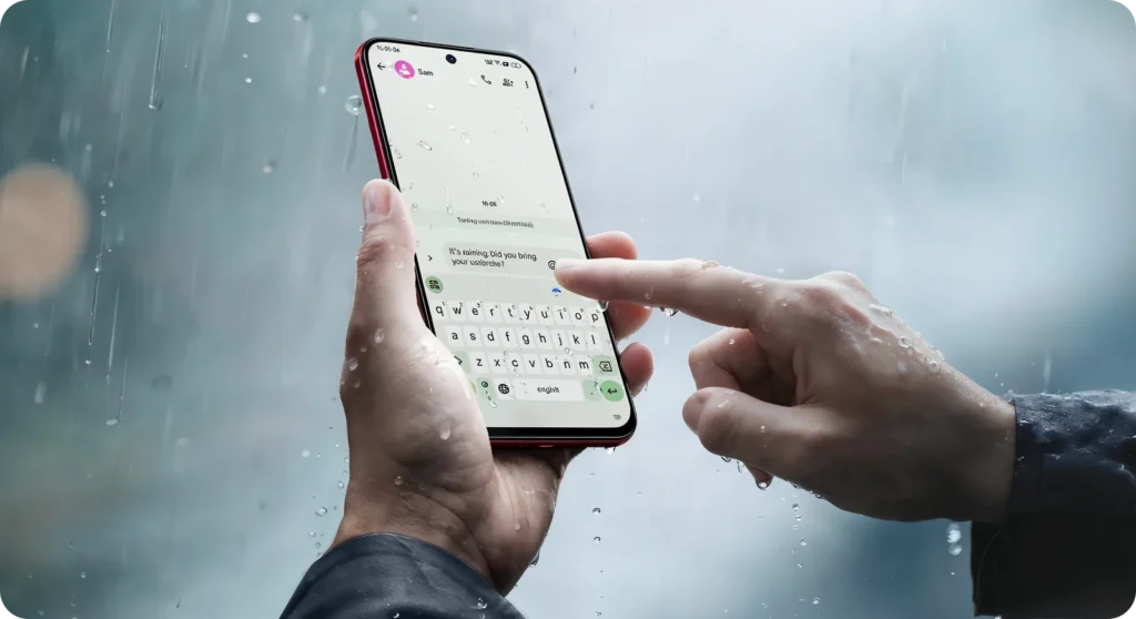 realme 15x 5G, held in hand in the rain
