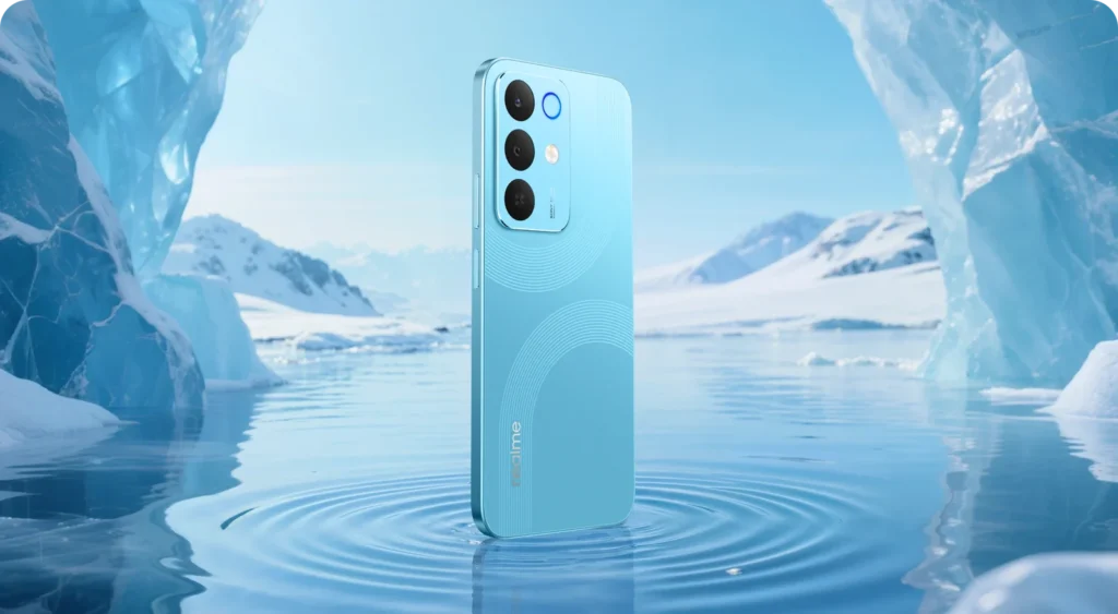 realme 15x 5G, in Aqua Blue, on ice