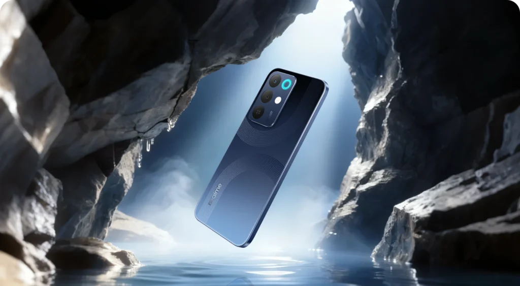 realme 15x 5G, in Marine Blue, in a beam of light in a cave
