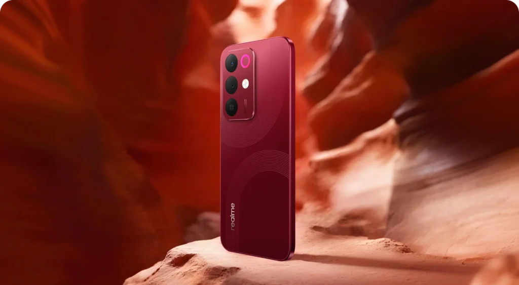 realme 15x 5G, in Maroon Red, in a red canyon