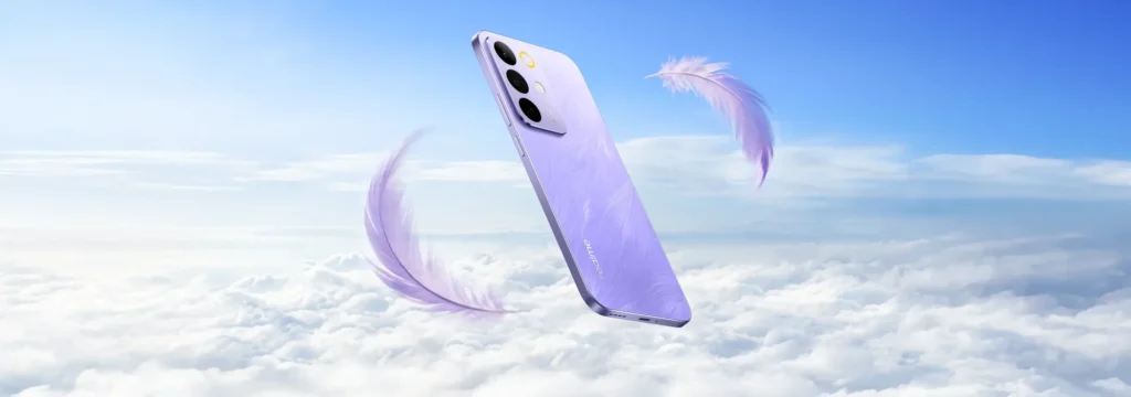 realme C85 5G, in Parrot Purple, among feathers above the clouds