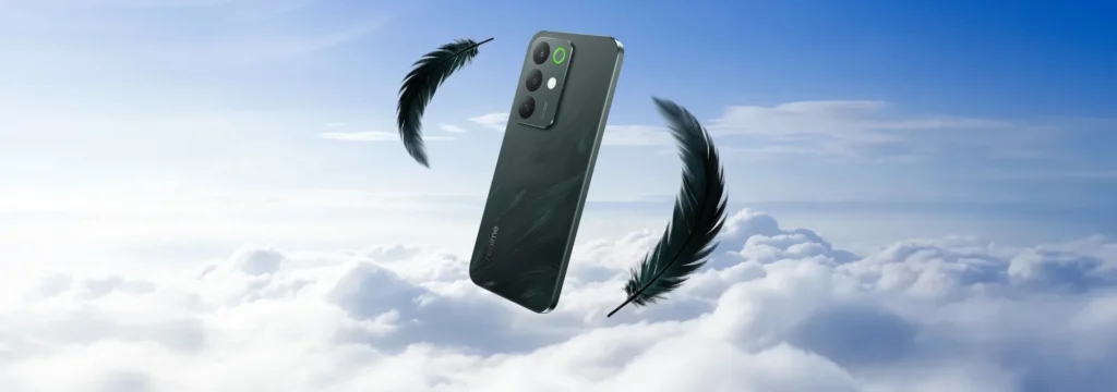 realme C85 5G, in Peacock Green, among dark feathers above the clouds