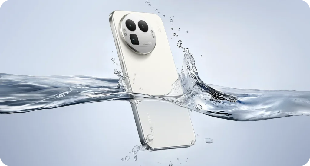 realme GT 8 Pro, in Diary White, in a splash of water