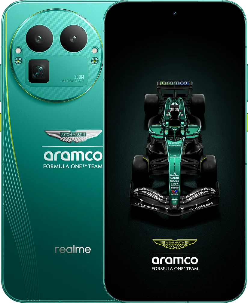 realme GT 8 Pro, in Aston Martin Racing Green, front and back