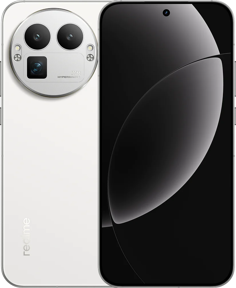 realme GT 8 Pro, in Diary White, front and back