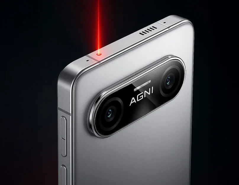 Lava Agni 4, in Lunar Mist, top corner and camera bar close up, with the IR blaster lit