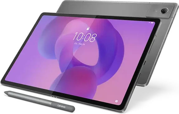 Lenovo Idea Tab Plus, in Luna Grey, front and back with the Tab Pen
