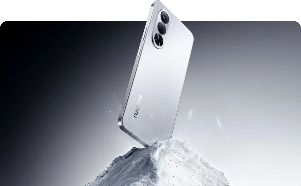 realme P4x 5G, in Matte Silver, on a rock