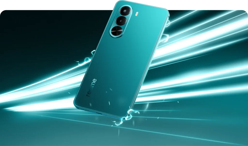 realme P4x 5G, in Lake Green, with light trails