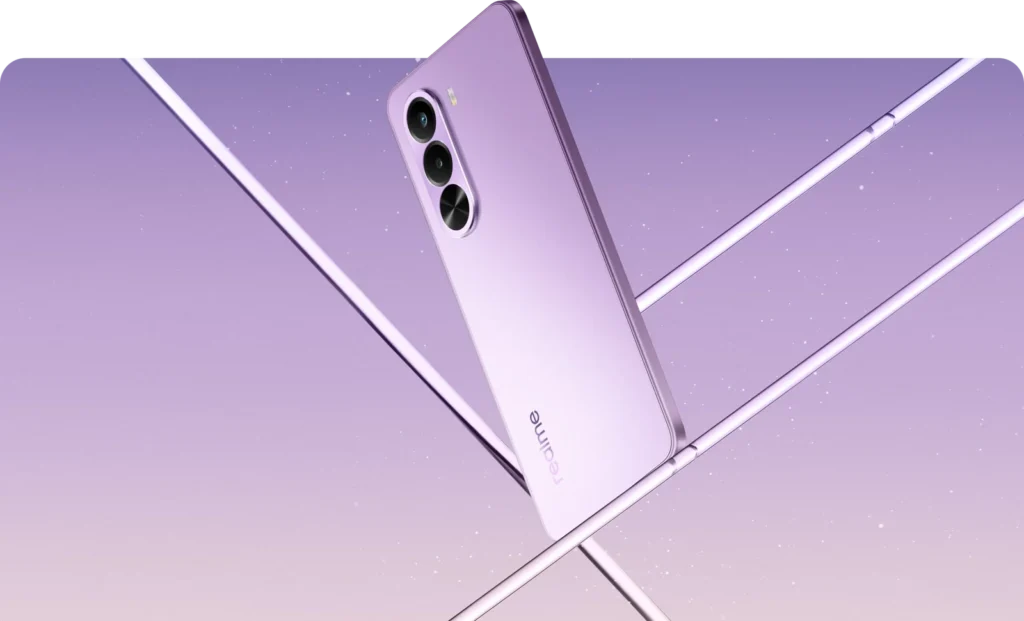 realme P4x 5G, in Elegant Pink, on a lilac backdrop