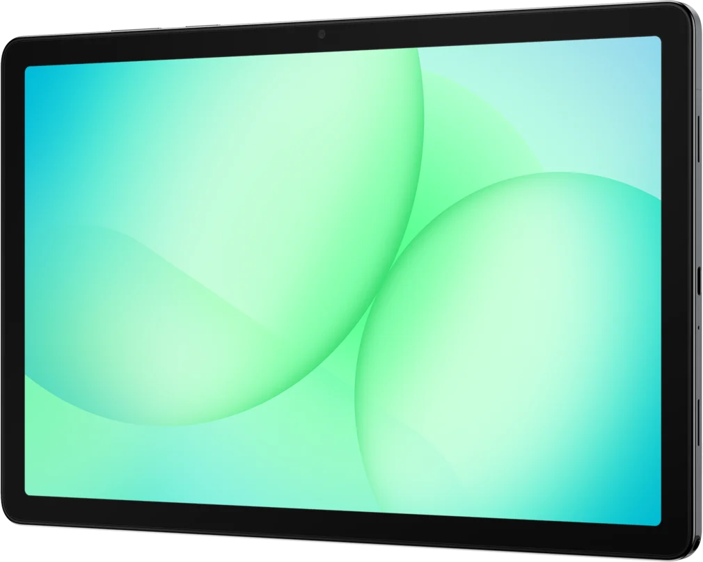 Samsung Galaxy Tab A11+, in Gray, front at an angle from the right
