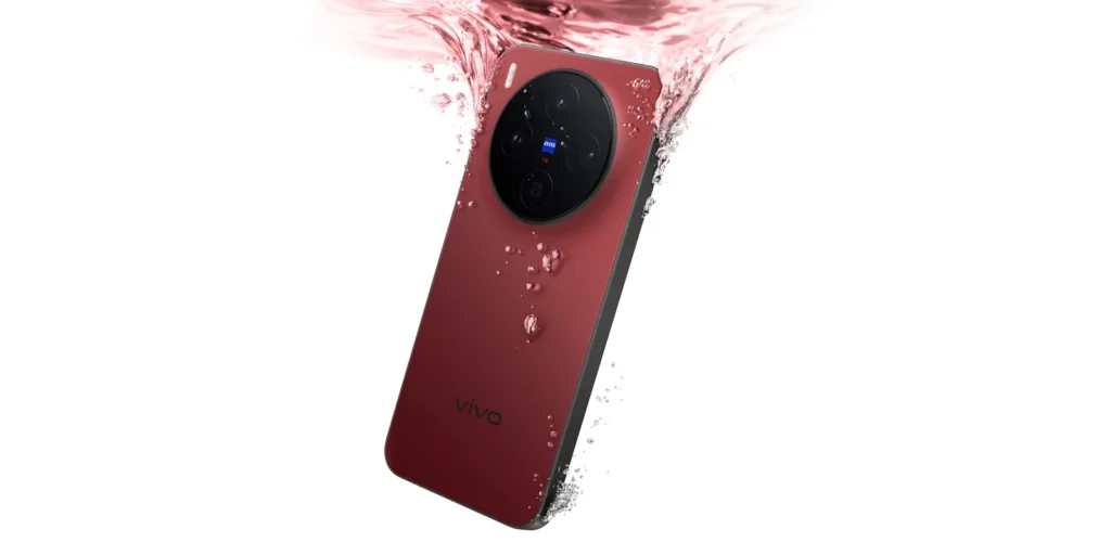 vivo X300, in Summit Red, splashing into water