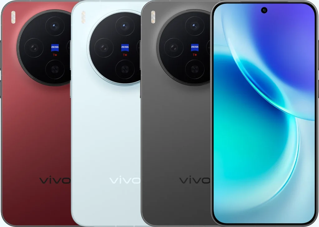 vivo X300, in Summit Red, Mist Blue and Elite Black, backs and front