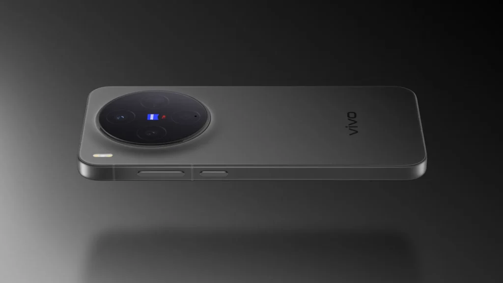 vivo X300, in Elite Black, lying on a dark surface