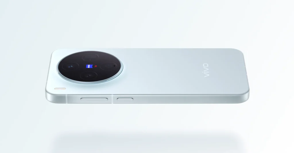 vivo X300, in Mist Blue, lying on a light surface