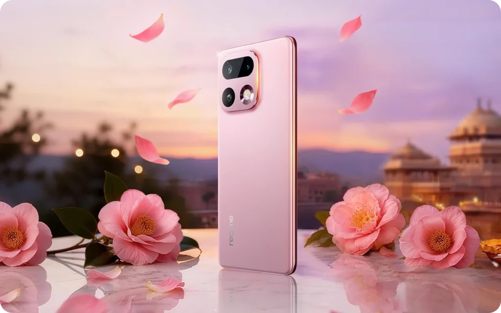 realme 16 Pro+ 5G, in Camellia Pink, with flowers at dusk