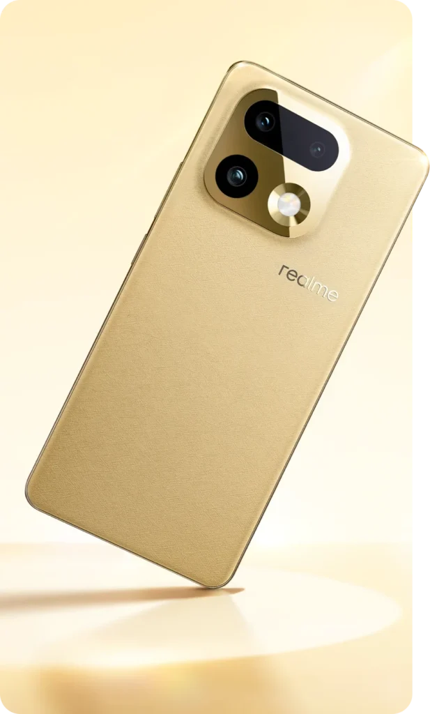 realme 16 Pro+ 5G, in Master Gold, on a gold backdrop