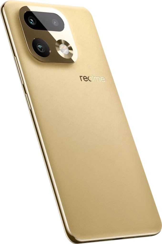 realme 16 Pro+ 5G, in Master Gold, back at an angle