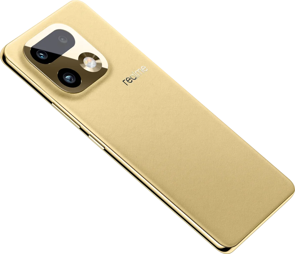 realme 16 Pro+ 5G, in Master Gold, lying at an angle