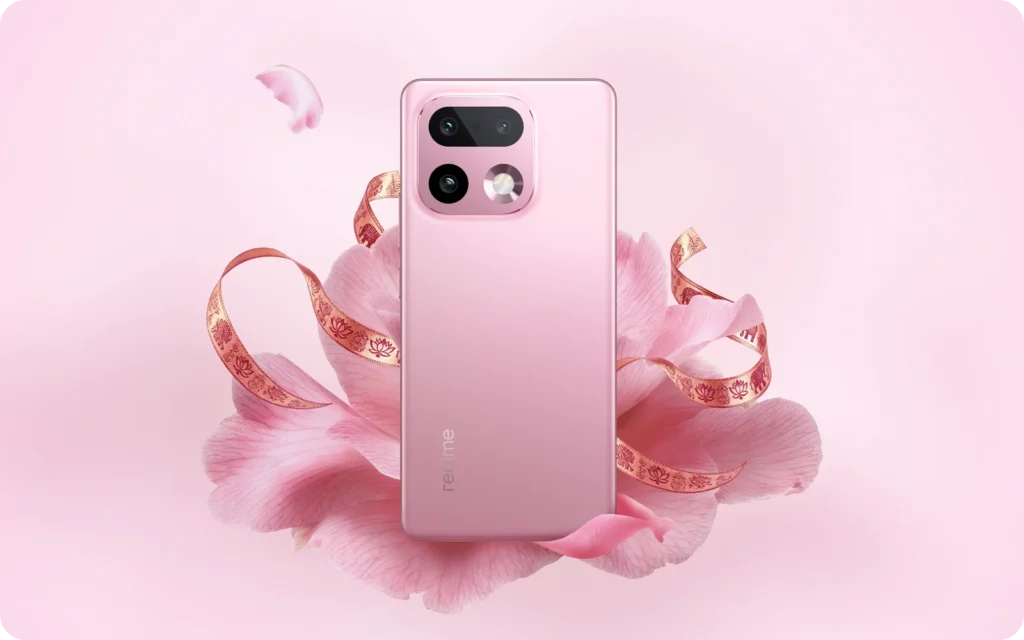 realme 16 Pro+ 5G, in Camellia Pink, with pink flowers