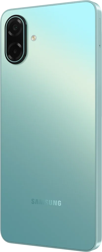 Samsung Galaxy A07 5G, in Light Green, rear angle