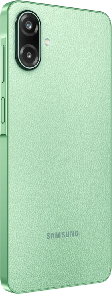Samsung Galaxy F70e 5G, in Limelight Green, at an angle