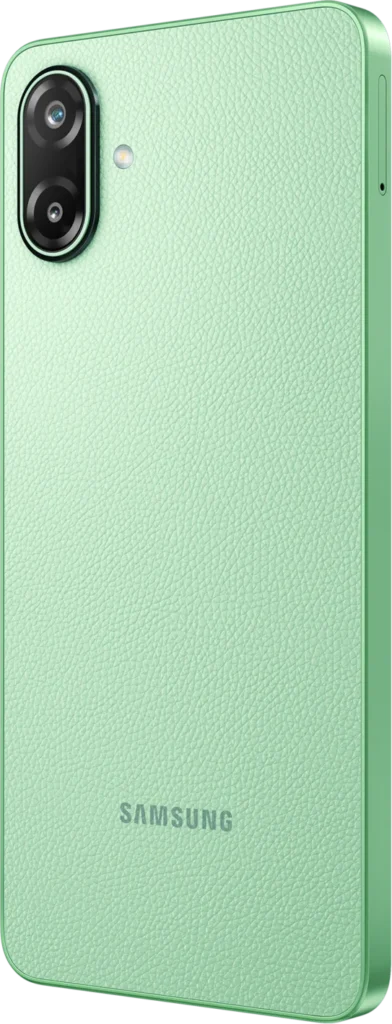 Samsung Galaxy F70e 5G, in Limelight Green, rear angle