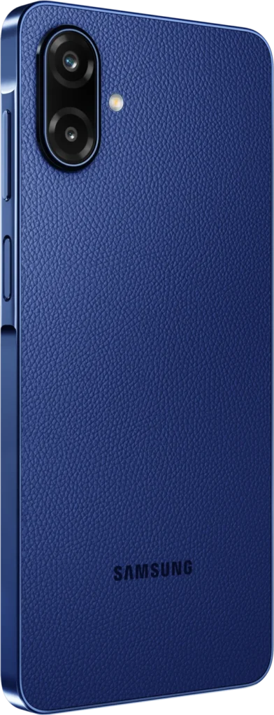 Samsung Galaxy F70e 5G, in Spotlight Blue, at an angle