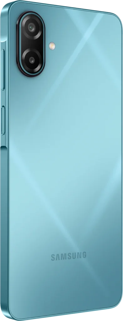 Samsung Galaxy M17e 5G, in Blitz Blue, at an angle