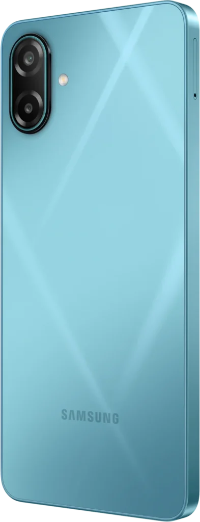 Samsung Galaxy M17e 5G, in Blitz Blue, rear angle