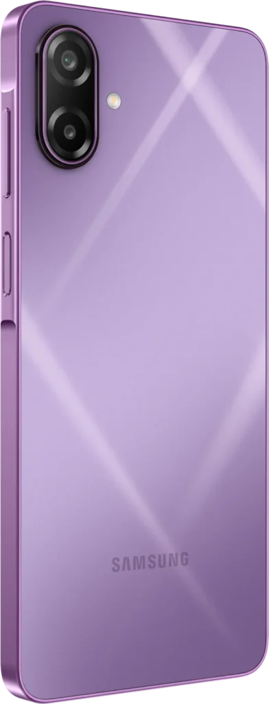 Samsung Galaxy M17e 5G, in Vibe Violet, at an angle
