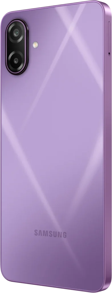 Samsung Galaxy M17e 5G, in Vibe Violet, rear angle