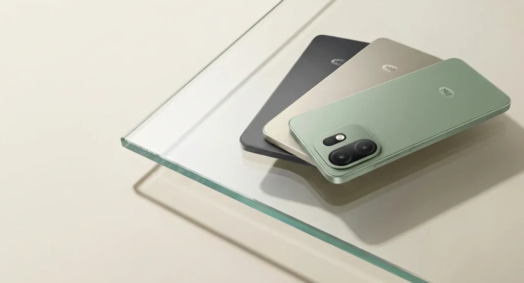 itel A100C New, in all three colours, stacked on a sheet of glass