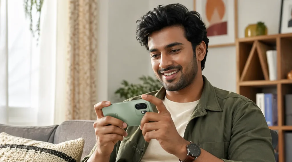 itel A100C New, in Silk Green, held sideways for a game
