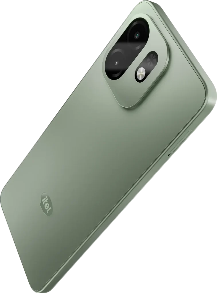 itel A100C New, in Silk Green, tilted, from the back