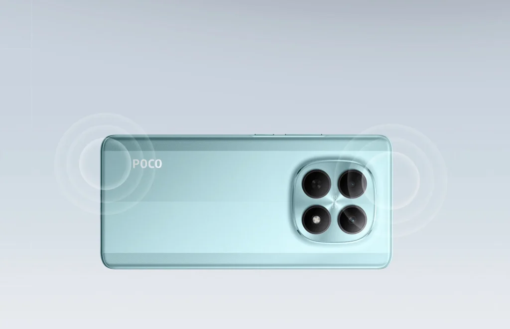 Poco M8 5G, in Glacial Blue, from the back
